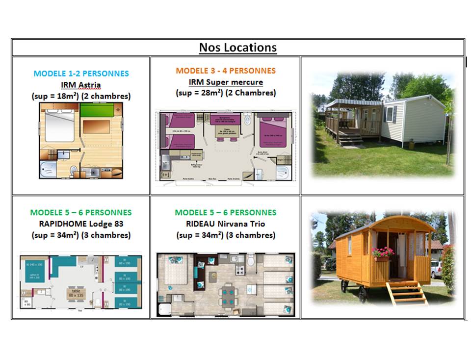 nos locations, mobilhomes 1/2, 3/4 ou 5/6 personnes